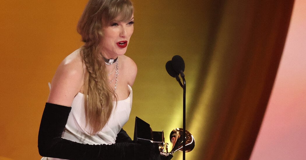 Featured image for "Taylor Swift Unveils 'The Tortured Poets Department' at 2024 Grammys, Website Crashes in Chaos"