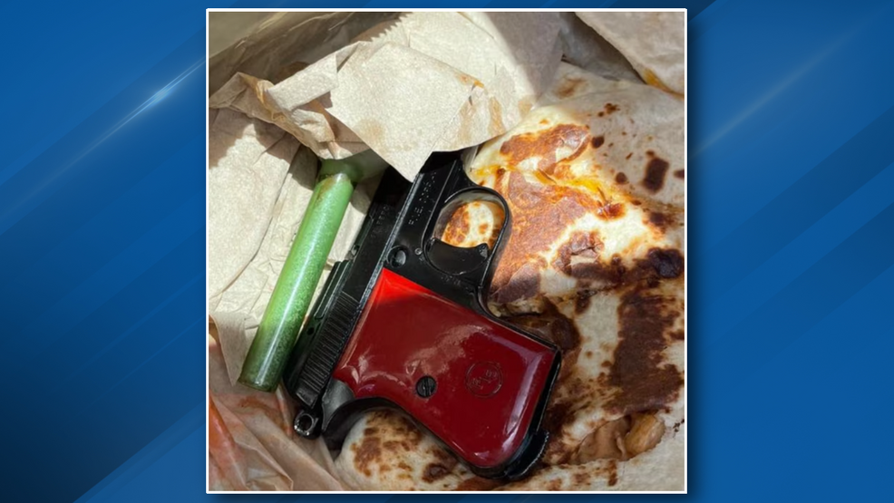 Gun discovered in quesadilla leads to man's arrest.