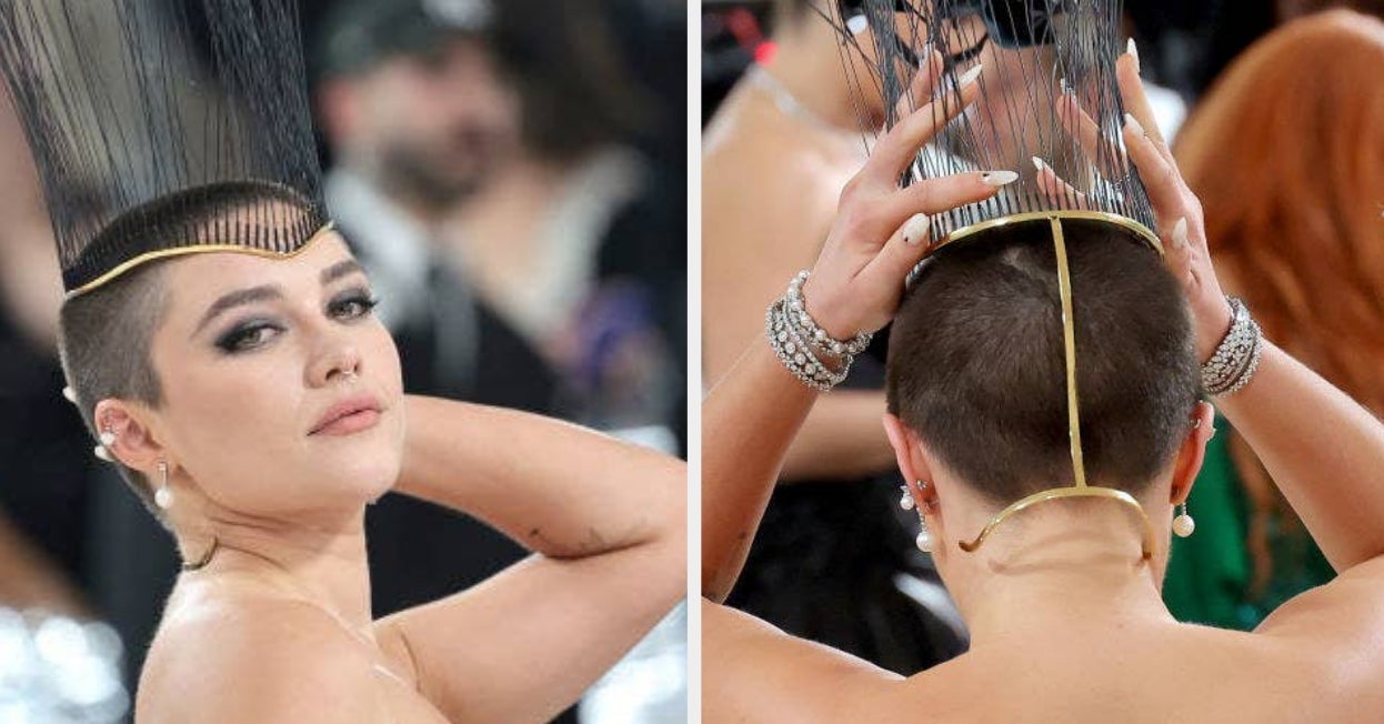 Featured image for Florence Pugh stuns with buzz cut at Met Gala 2023.