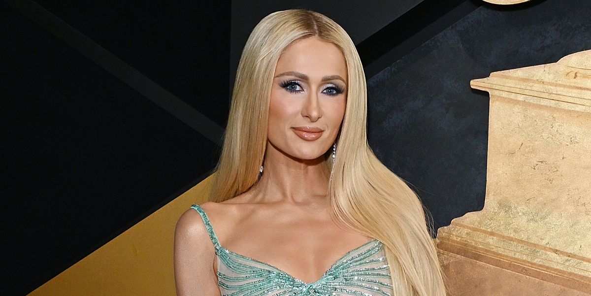 Featured image for "Paris Hilton Shines in Sequin Aquamarine Gown at 2024 Grammys"