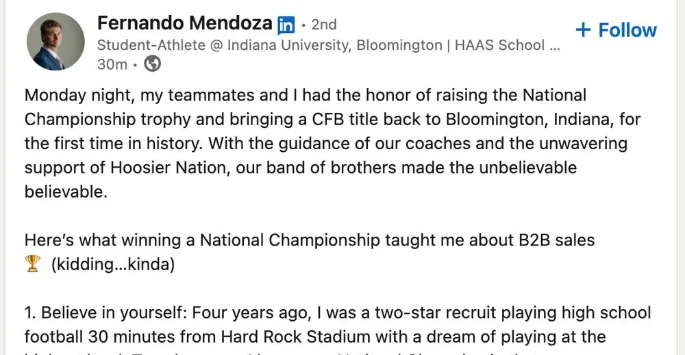 LinkedIn Celebration: Mendoza Marks Indiana's National Championship with a Pro-Style Post