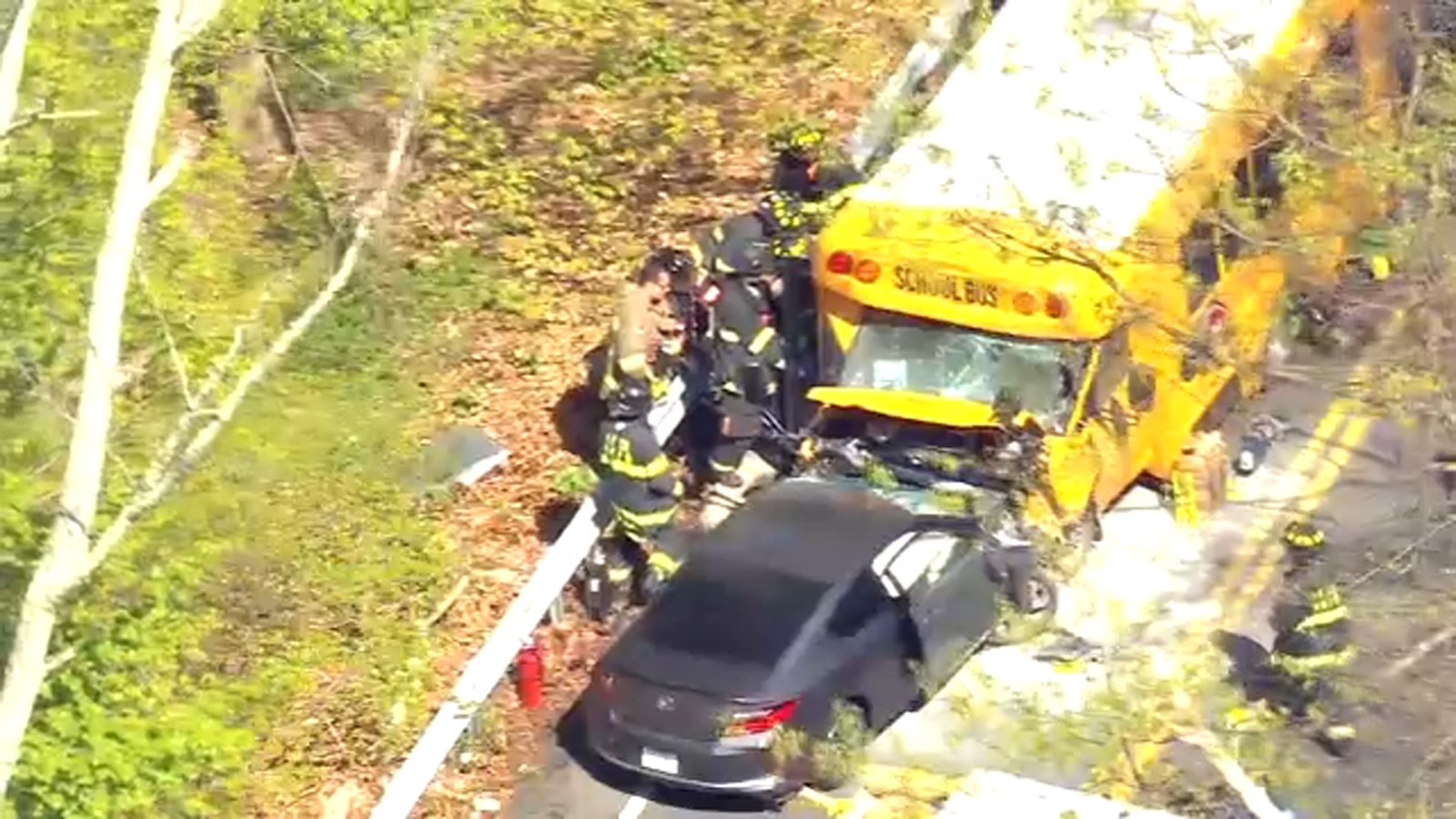 Unlicensed teen driver causes multiple injuries in head-on school bus crash in New Castle, NY.