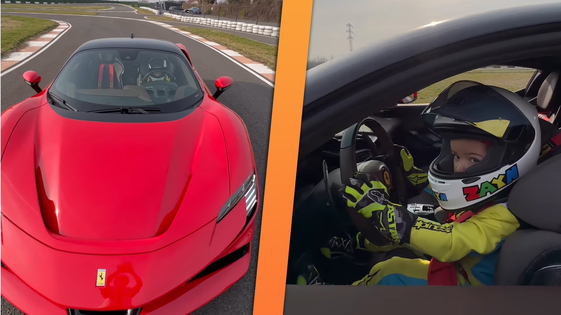 Three-year-old takes Ferrari for a spin on race track.