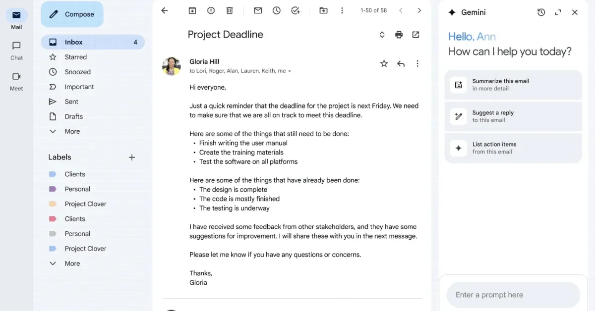 Google Introduces Gemini AI Features to Gmail, Replacing Traditional Side Panel