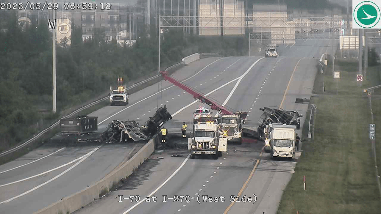 Fiery 7-vehicle crash on I-70 leaves 1 dead and 2 injured, causing lane closures.