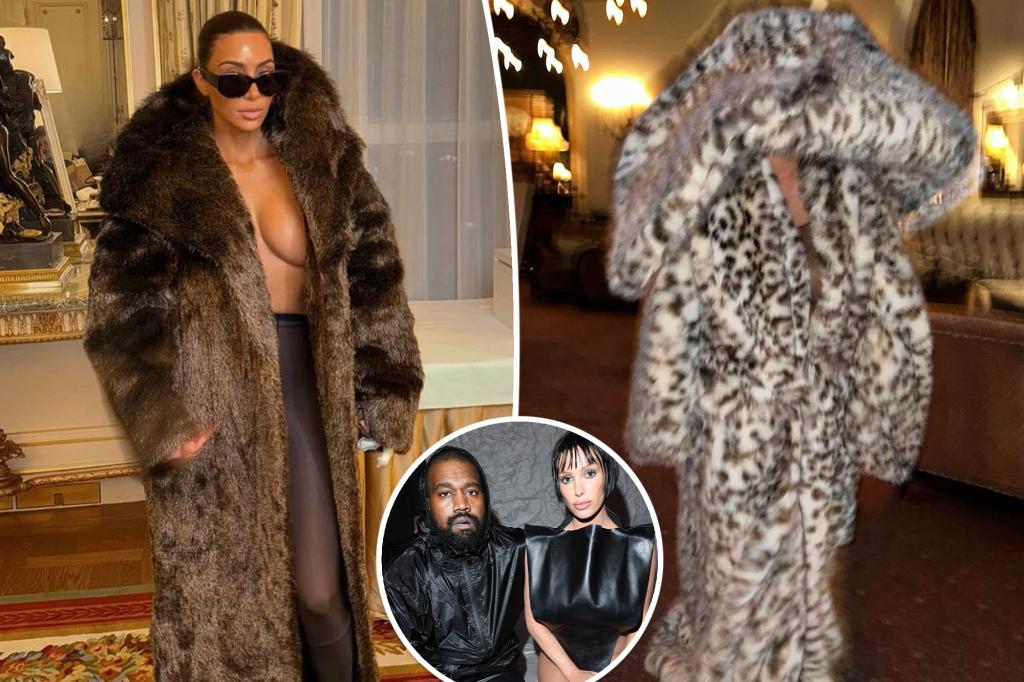"Kim Kardashian's Fur Coat and Tights Look Draws Comparisons to Bianca Censori"