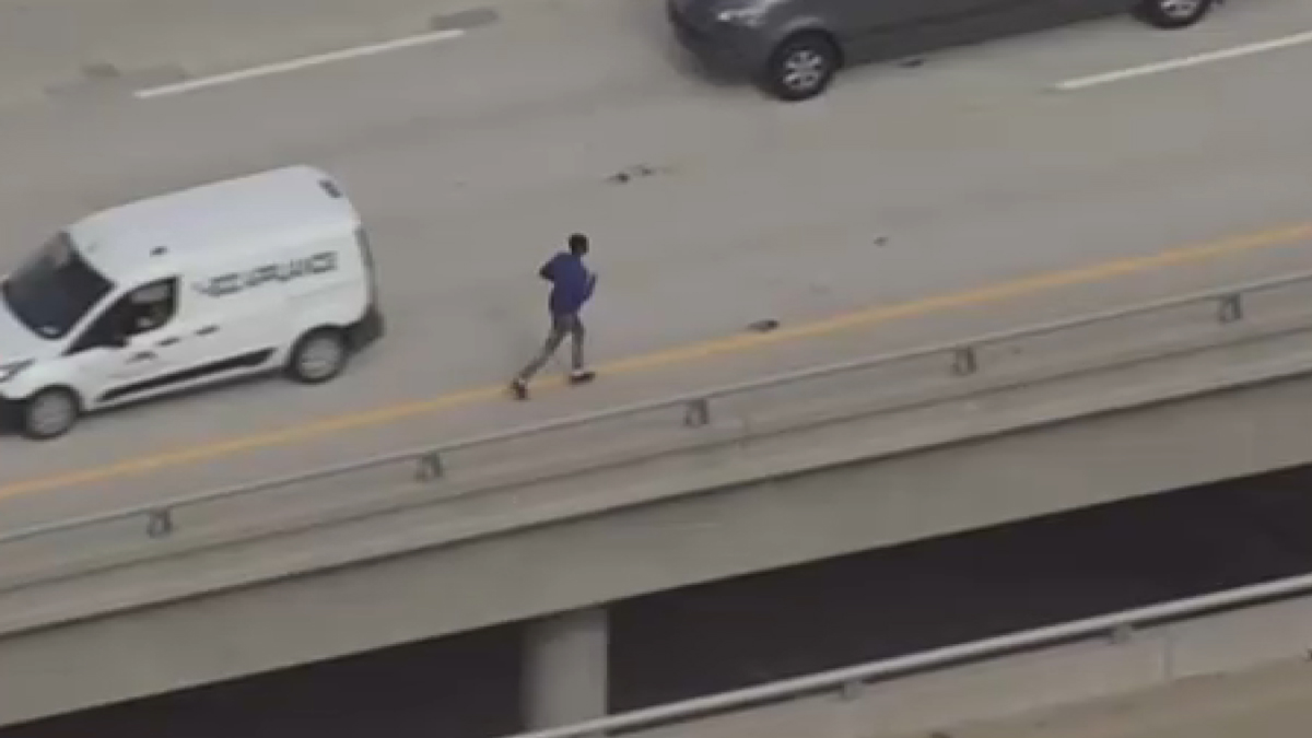 High-speed chase ends with suspect running across freeway and attempting carjacking.