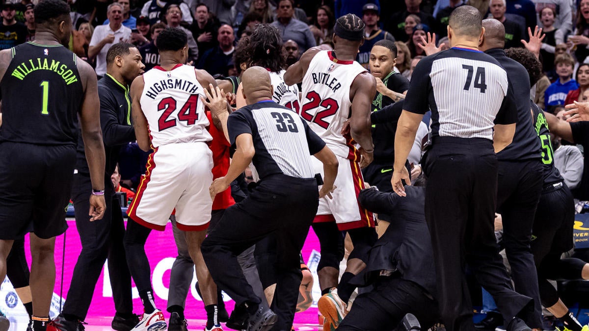 Featured image for "Four Players Ejected in Heat-Pelicans Brawl: Naji Marshall Chokes Jimmy Butler"