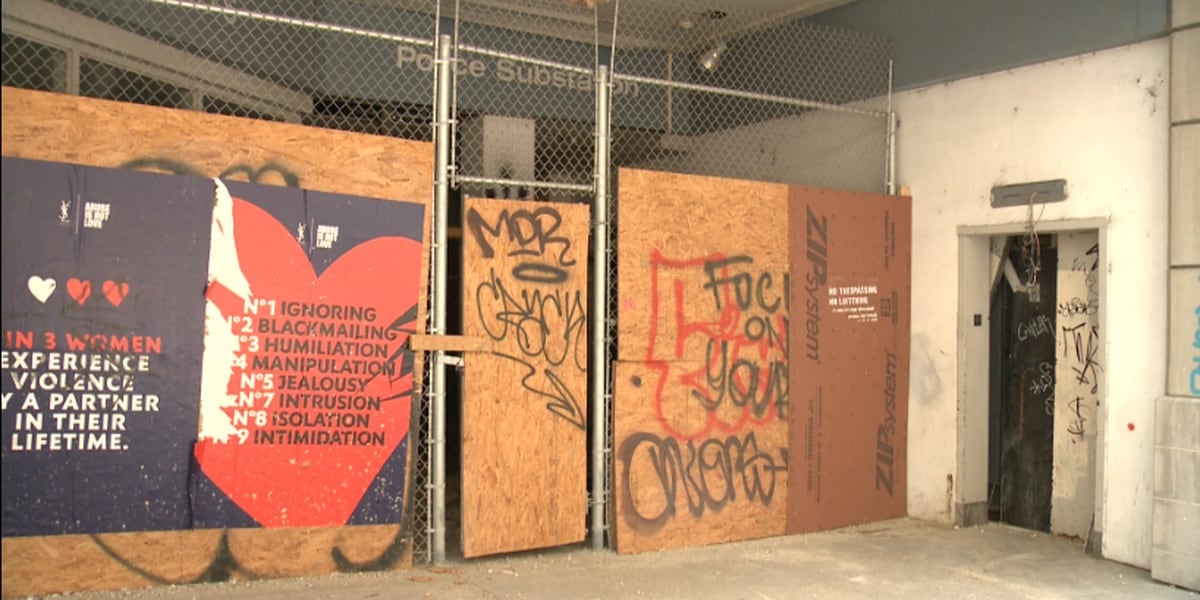 Abandoned St. Louis police substation vandalized in Downtown crime hotspot.