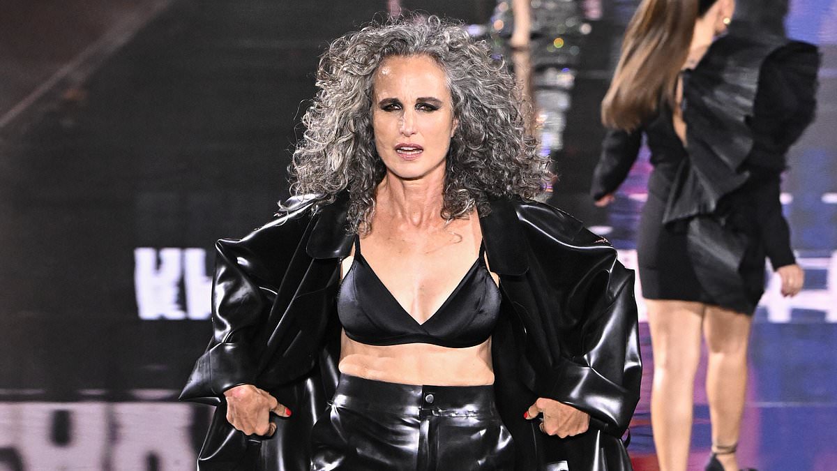 Featured image for "Andie MacDowell, 65, rocks the runway in a daring leather suit and black bra"