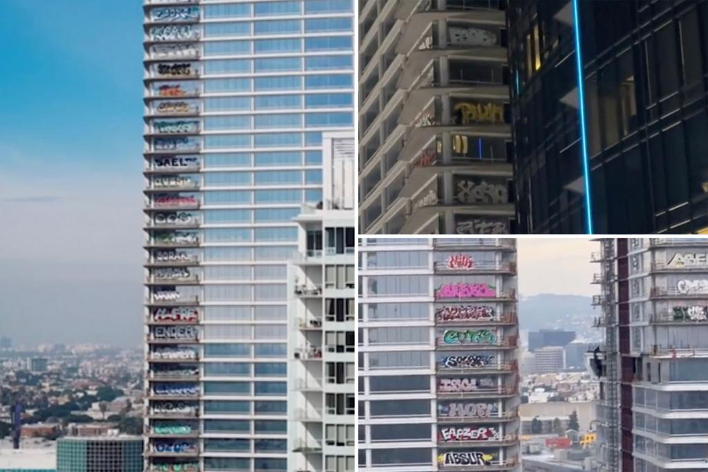 Featured image for "Vandals Tag 27 Floors of Abandoned LA Skyscraper Ahead of Grammys"