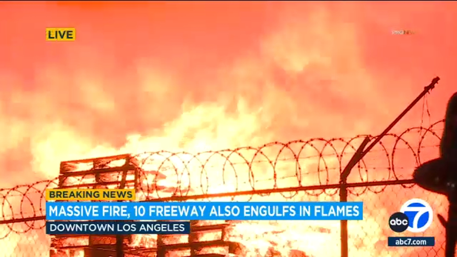 Featured image for Massive storage yard fire forces closure of 10 Freeway in downtown LA
