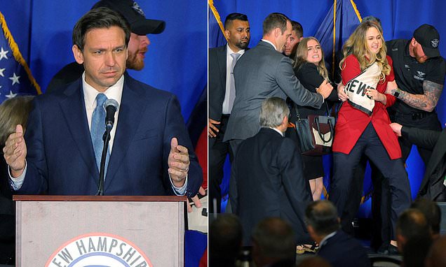 Protesters Interrupt Ron DeSantis Speech in New Hampshire
