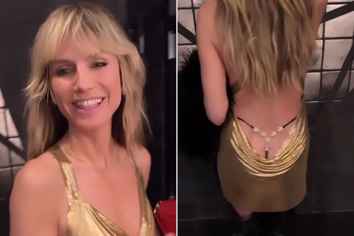 Featured image for Heidi Klum's Daring Gold Mini Dress and Peekaboo Thong Steal the Show.