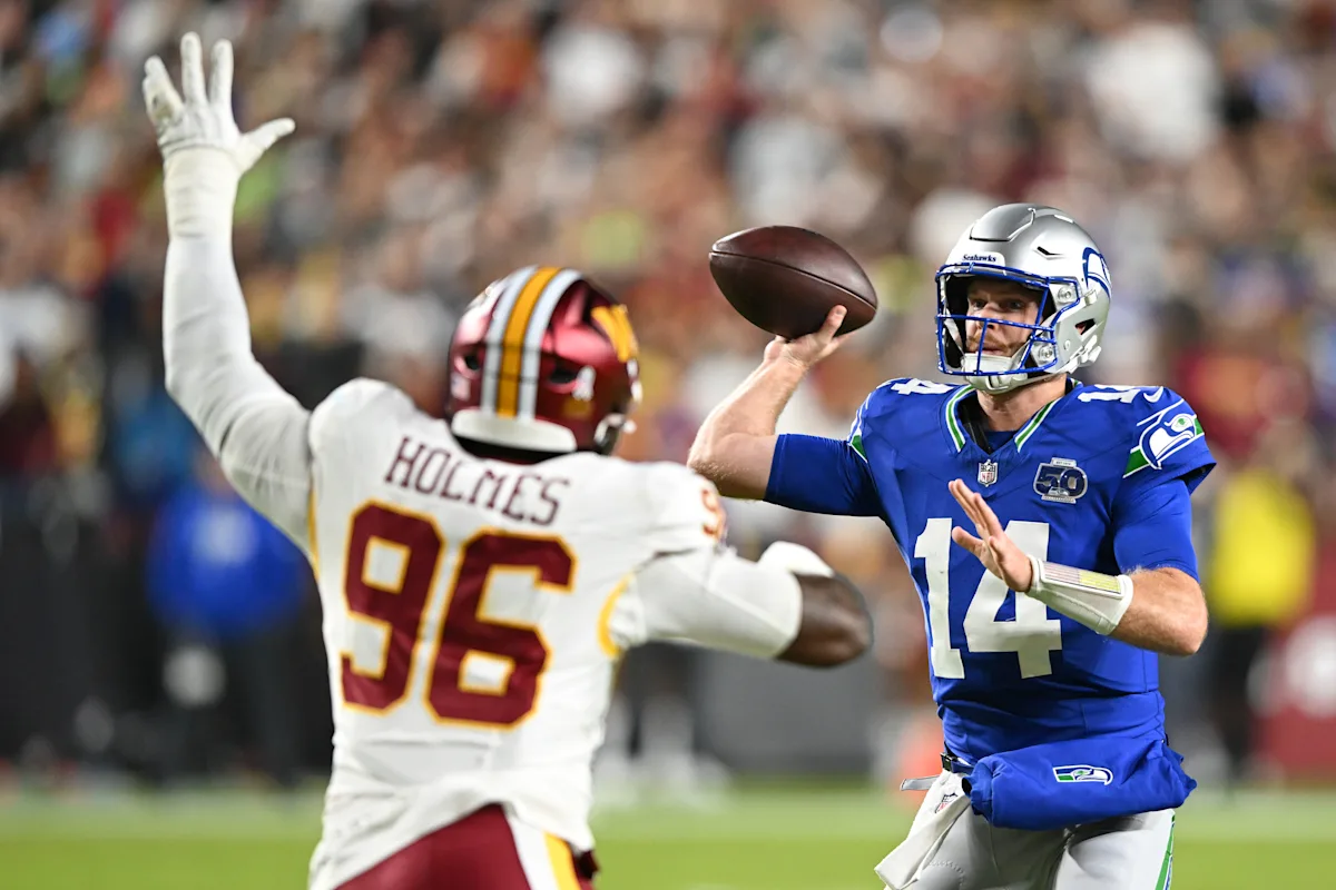 Featured image for Seahawks Dominate Commanders as Darnold Leads with 4 TDs