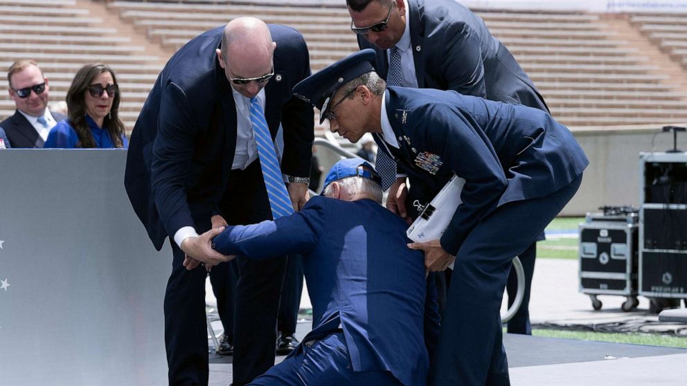 Biden's stumble at Air Force Academy graduation sparks political reactions.