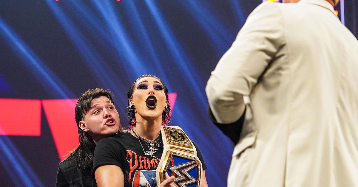 Rhea Ripley unfazed by Brandi Rhodes' teasing and Cody Rhodes' explosive exchange.