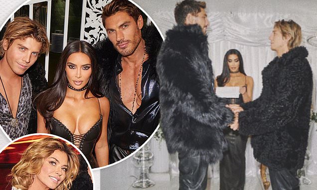 Featured image for Kim Kardashian attends surprise Las Vegas wedding of Lukas Gage and Chris Appleton.