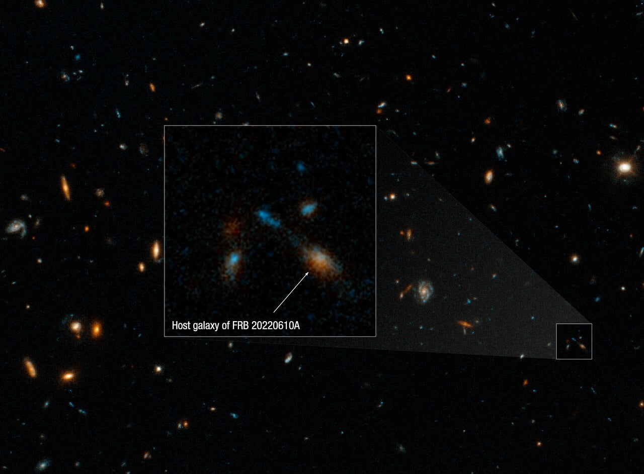 Featured image for "Hubble's Discovery: Uncovering the Peculiar Origin of the Farthest Fast Radio Burst"