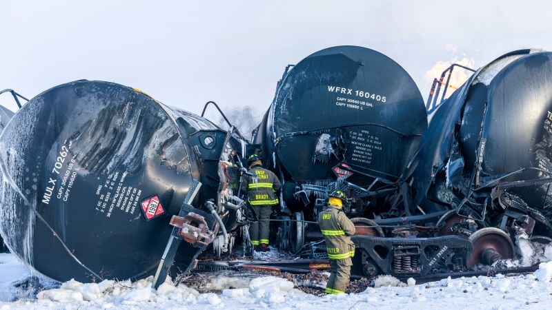 Featured image for Train carrying highly flammable ethanol derails and catches fire in Minnesota, prompting evacuations.