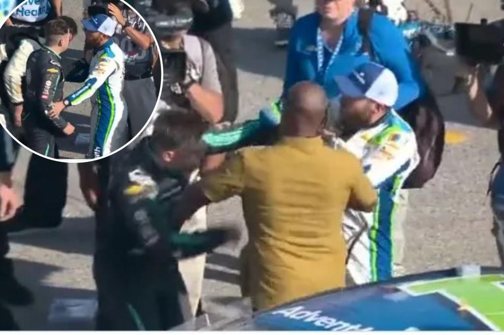 Featured image for NASCAR drivers Ross Chastain and Noah Gragson engage in post-race brawl.