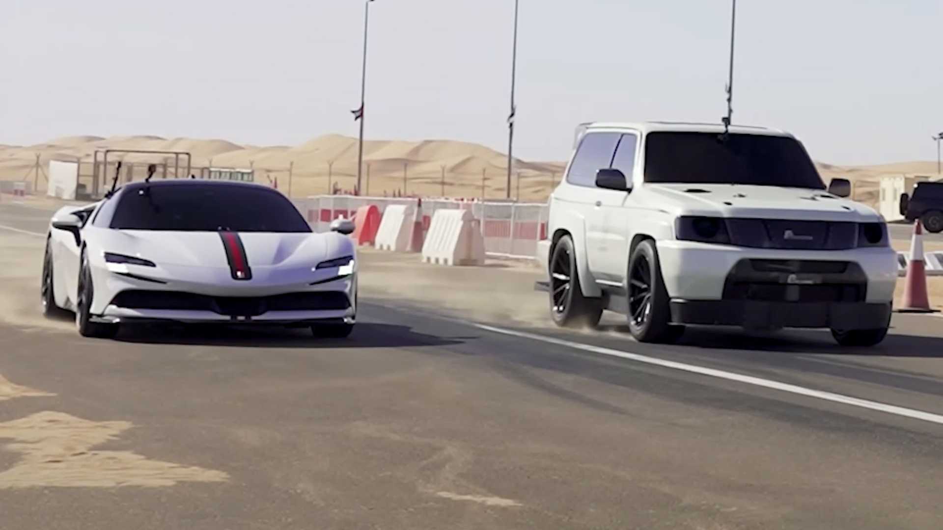 Featured image for Ferrari SF90 vs. 3,000-HP Nissan Patrol: Who Wins the Drag Race?