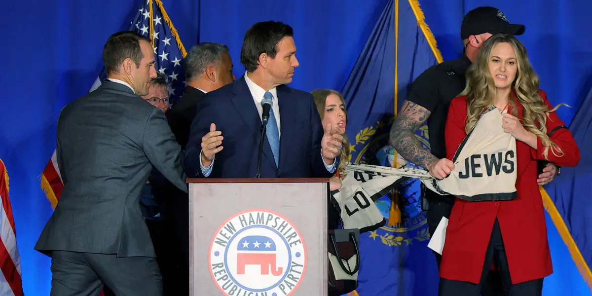 Protesters disrupt DeSantis speech at New Hampshire fundraiser.