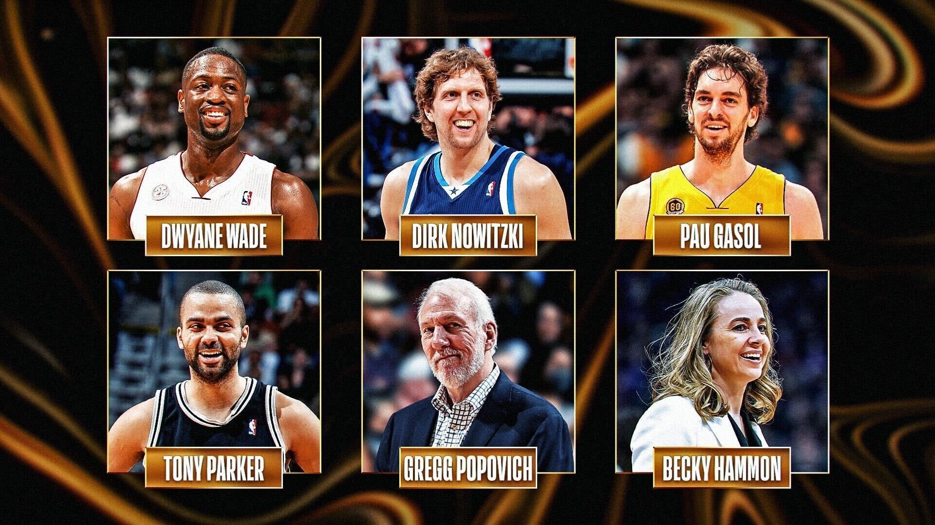 Featured image for Naismith Hall of Fame Class of 2023: Dirk Nowitzki, Dwyane Wade, Gregg Popovich, Jim Valvano, and Gary Blair.