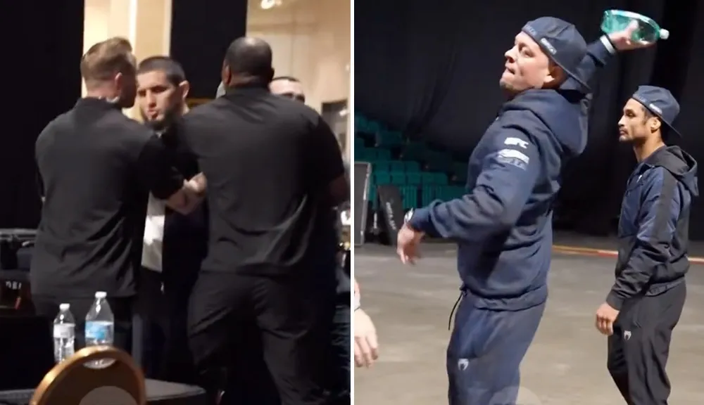 Featured image for Nate Diaz and Islam Makhachev Clash Backstage with Water Bottle Barrage