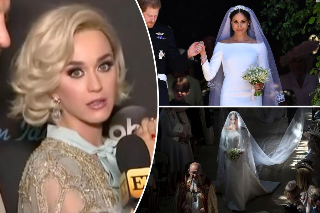 Featured image for Katy Perry's resurfaced comments on Meghan Markle's wedding gown spark controversy.