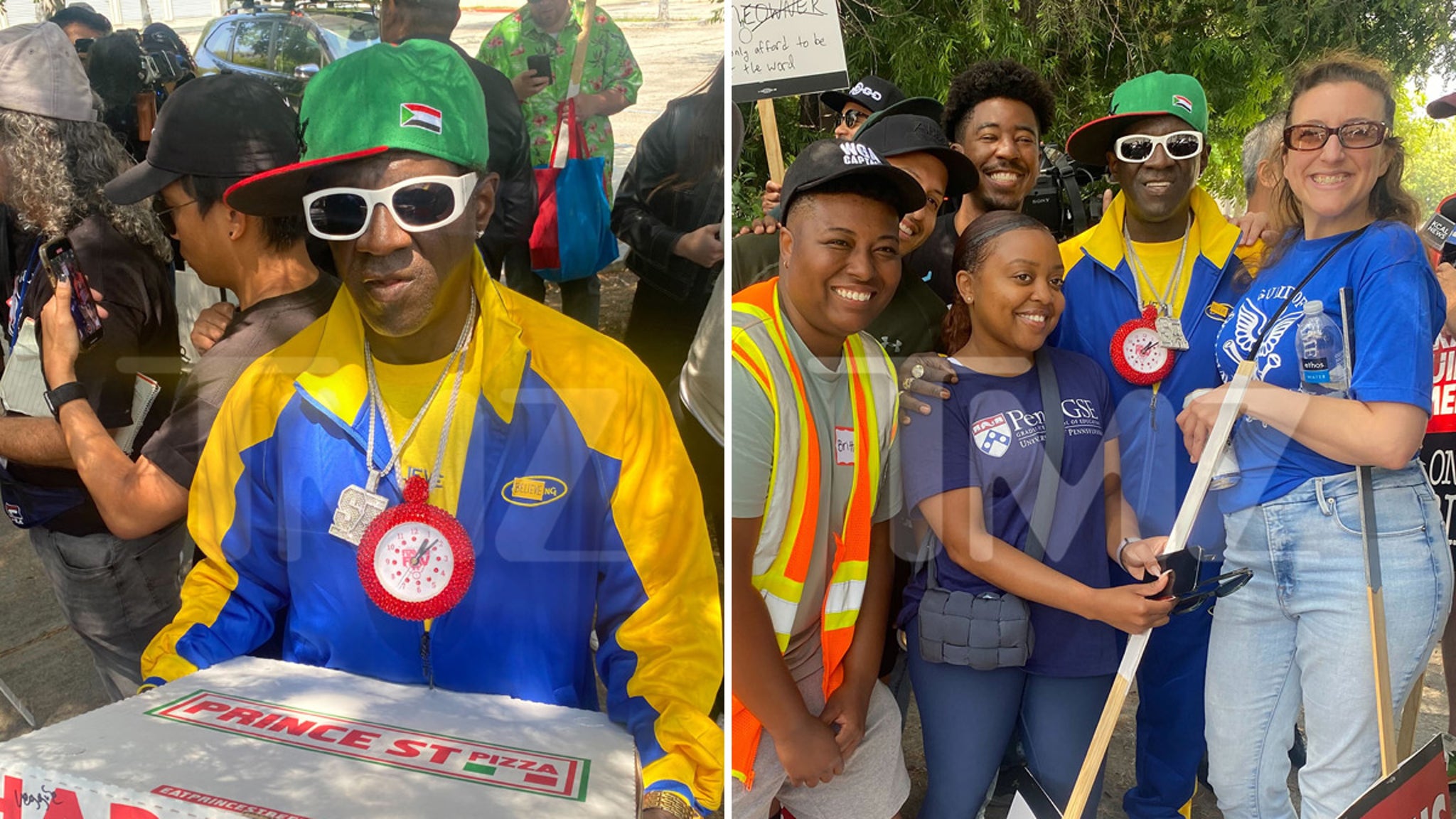 Flavor Flav Joins WGA Picket Line with Music and Pizza Support