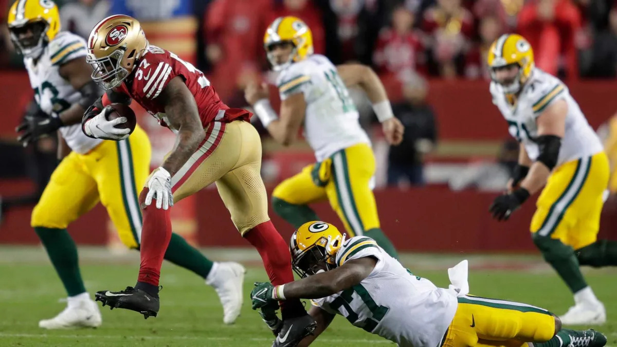 Featured image for "49ers' Greenlaw's Offensive Ambitions and Sloppy Comeback Win Against Packers: A Breakthrough Game Recap"