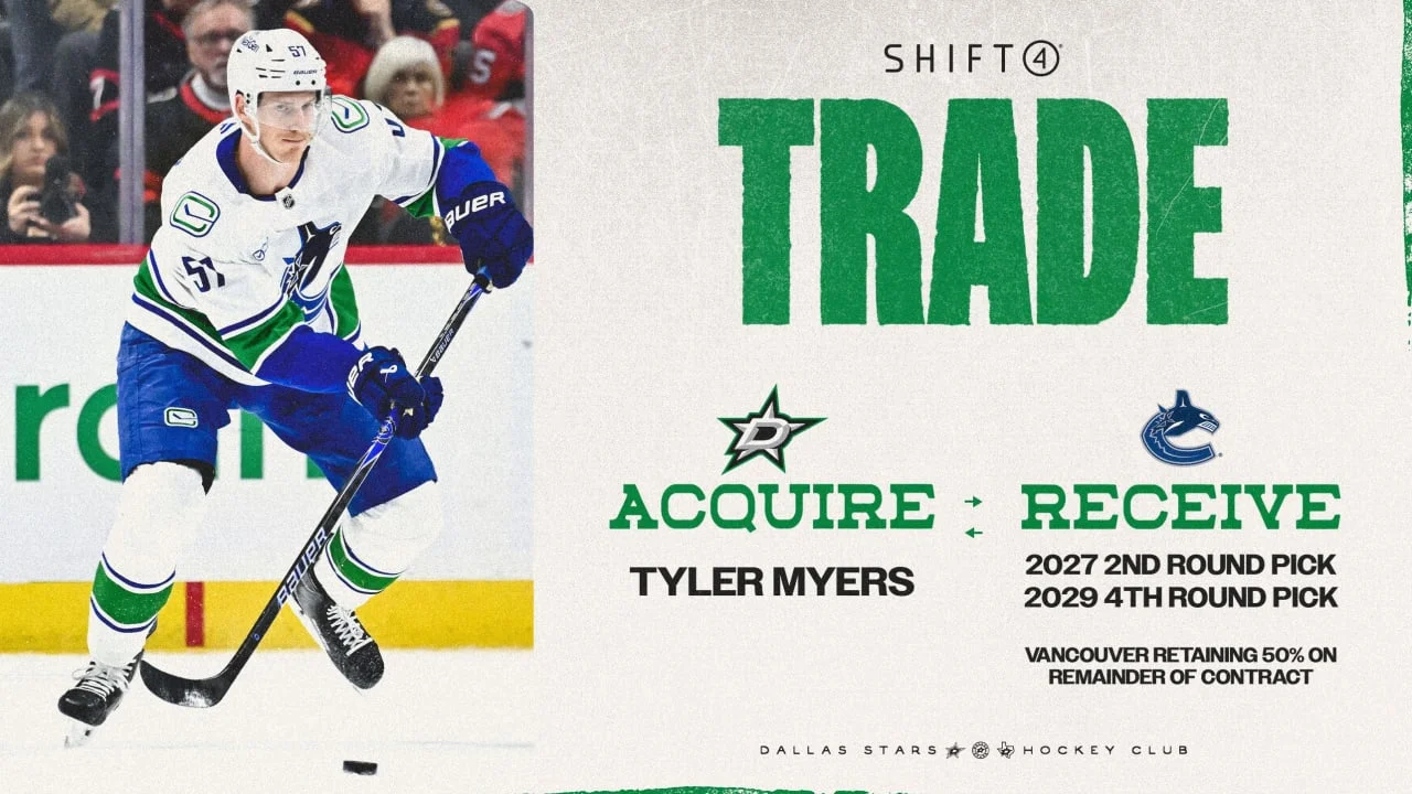 Stars land veteran defenseman Tyler Myers from Canucks in draft-pick swap
