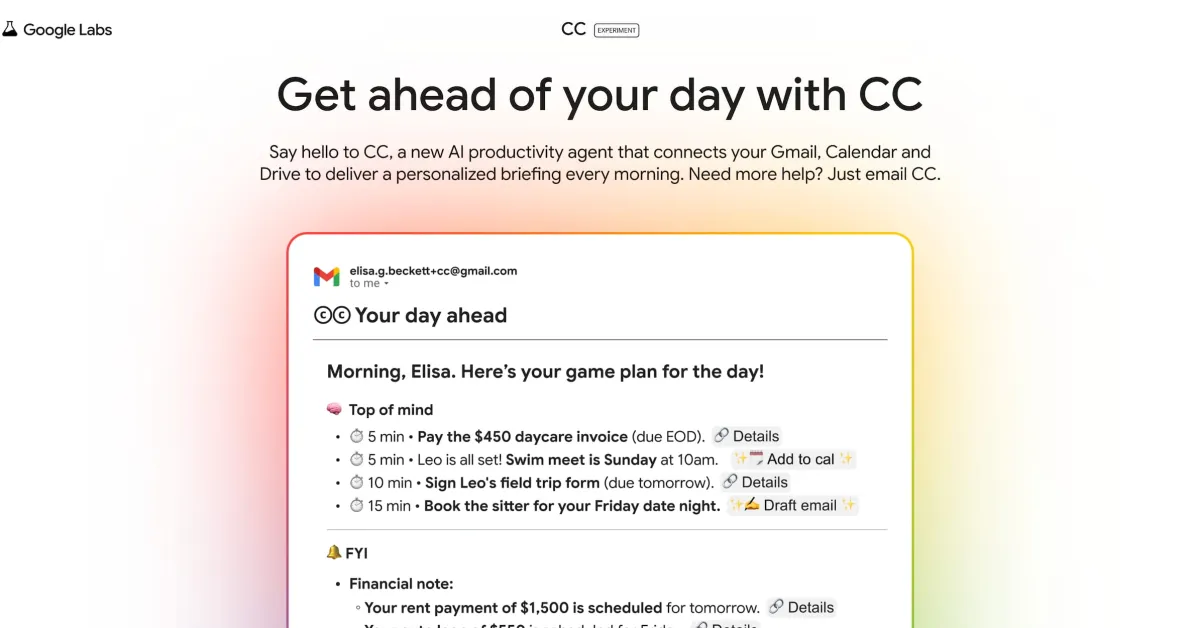 Featured image for Google Labs launches 'CC', an AI assistant to boost productivity and replace your morning scroll