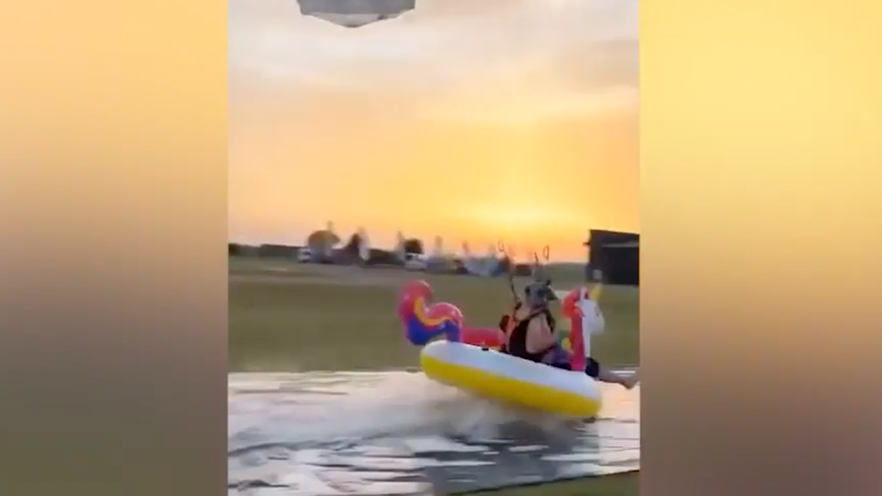 Skydiver's Epic Landing on Inflatable Unicorn