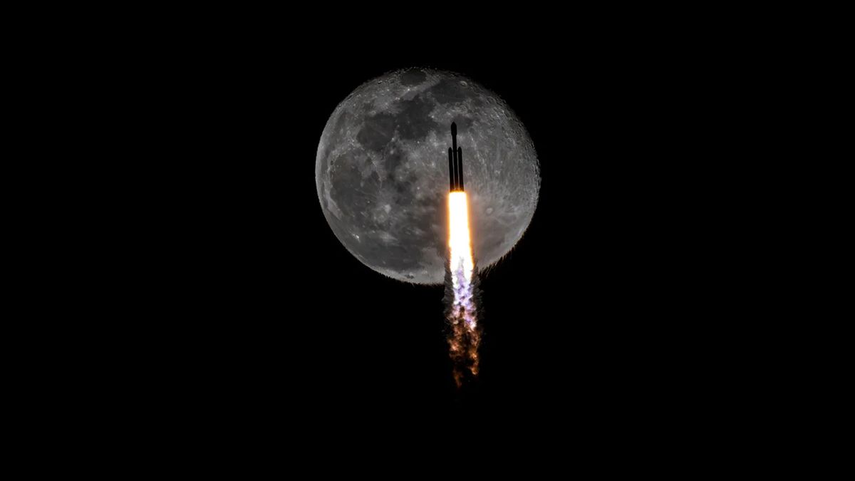 Featured image for "SpaceX Rocket Photobombs Moon in Award-Winning Shot"