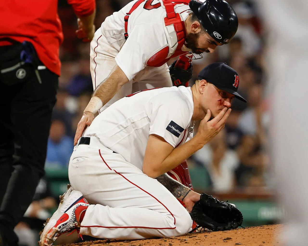 Red Sox's Tanner Houck lucky to escape serious injury after taking line drive to face.