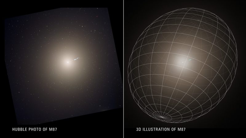 Featured image for "New 3D image reveals potato-shaped M87 galaxy and improved black hole image"