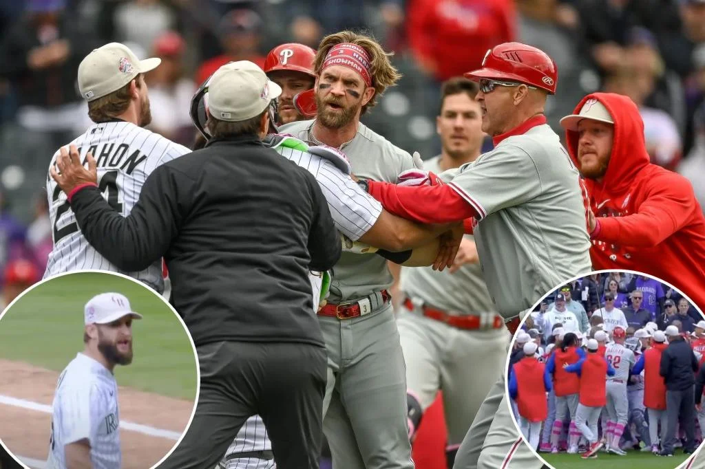 Bryce Harper and Rockies' Jake Bird altercation leads to ejection and bench clearing.