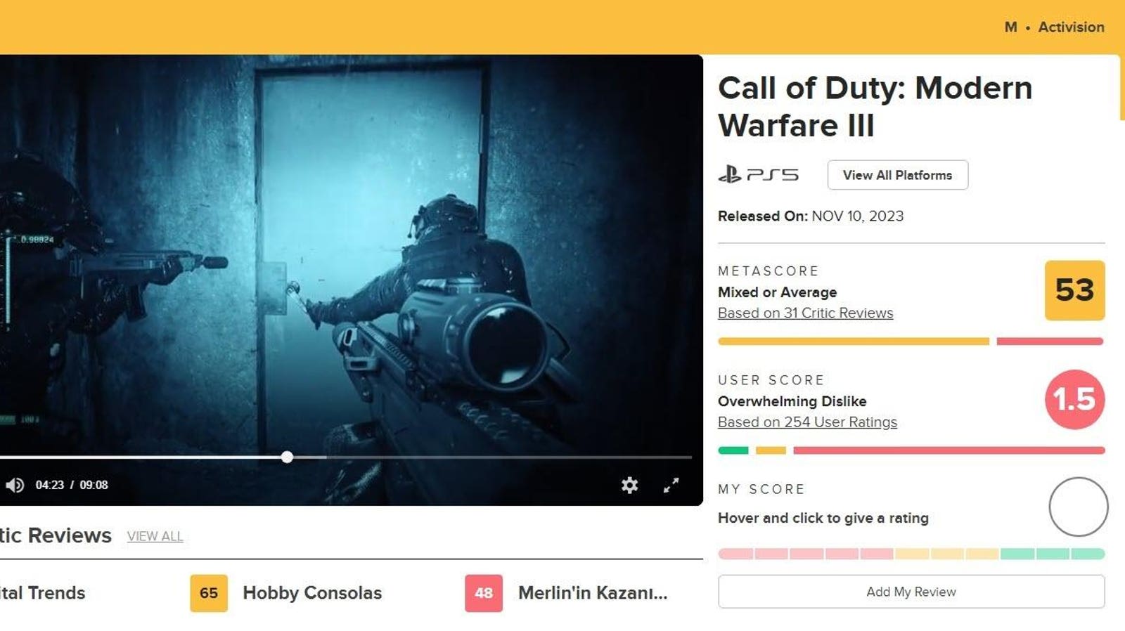 Featured image for "Call of Duty: Modern Warfare 3 Receives Criticism and Disappointing Reviews"