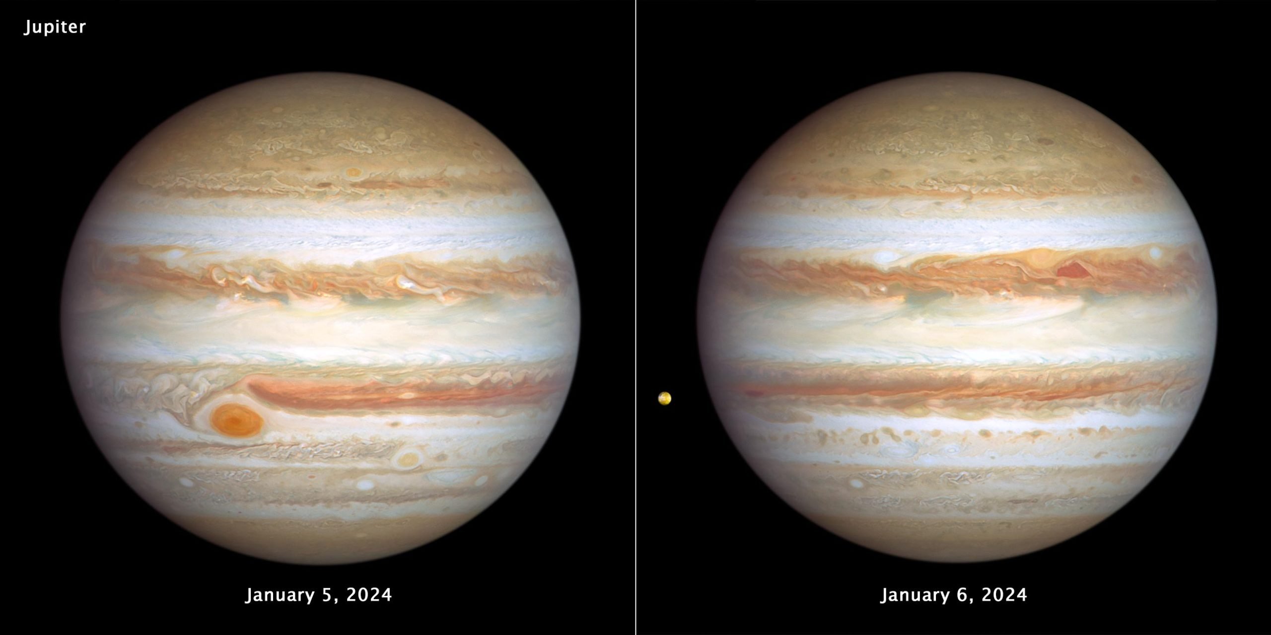 "Jupiter's Stormy Spectacle: Hubble and Juno Capture Giant's Roaring Storms and Shrinking Great Red Spot"
