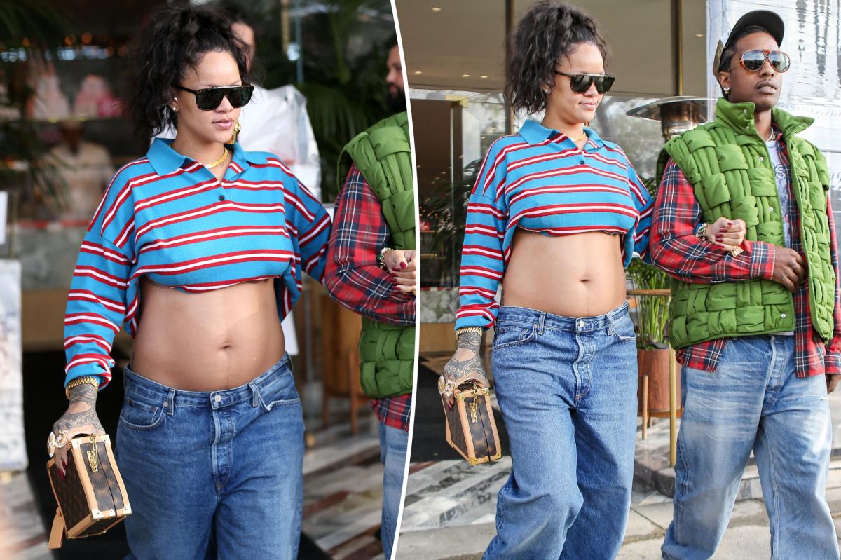 Rihanna rocks bump-baring crop top from polo shirt.