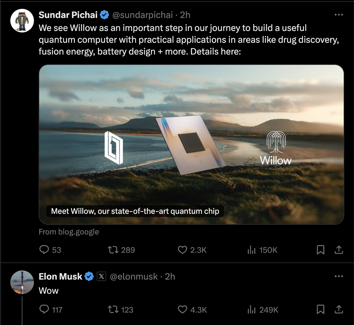 Featured image for Google's Quantum Chip 'Willow' Impresses Elon Musk in Viral Exchange