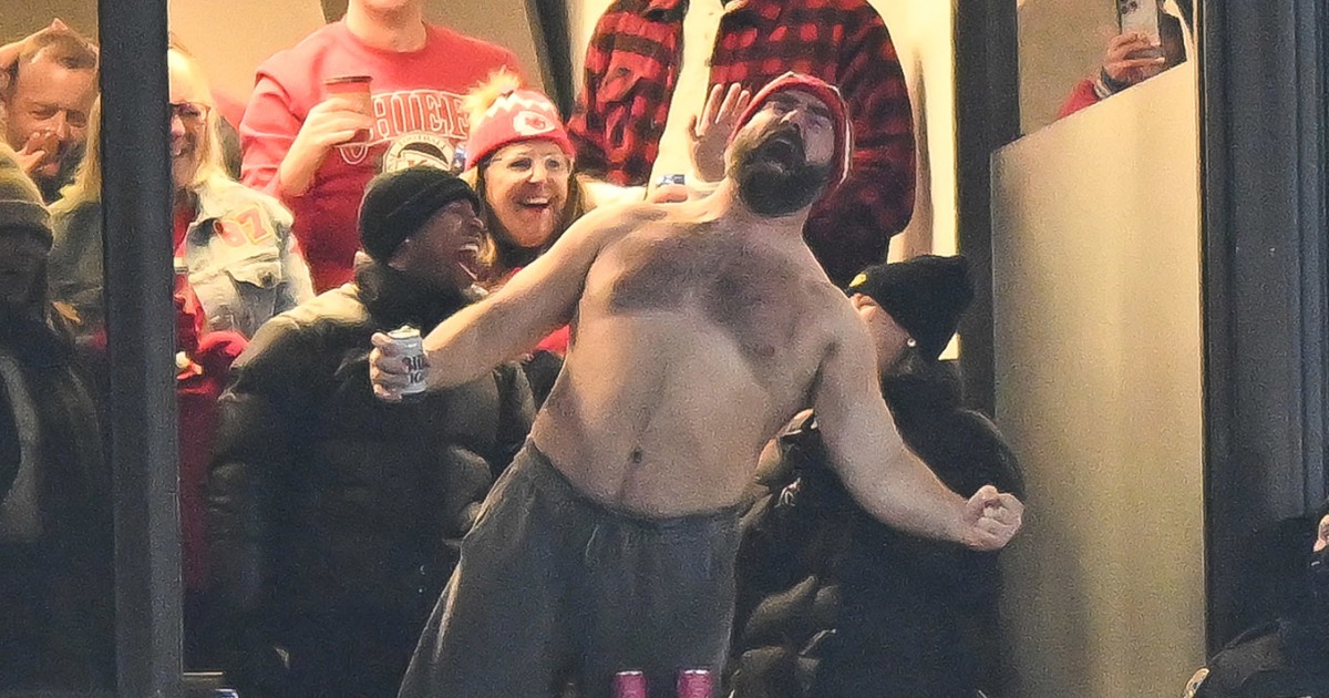 "Jason Kelce's Shirtless Celebration and Taylor Swift Encounter at Chiefs-Bills Game"