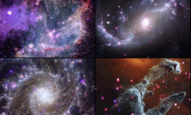 NASA's telescopes capture stunning composite images of galaxies and nebulae.