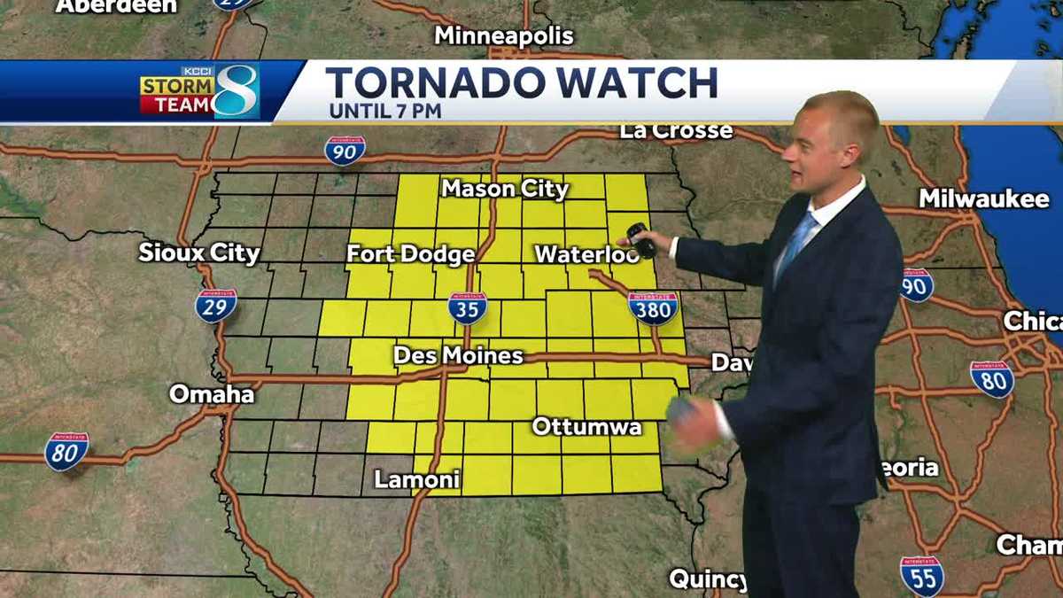 Severe storms threaten Iowa and Oklahoma, tornado watch in effect.