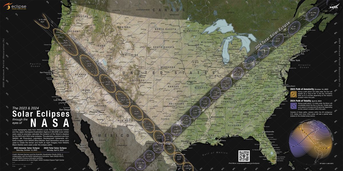NASA's Map Guides Viewing of 2023 and 2024 US Solar Eclipses.