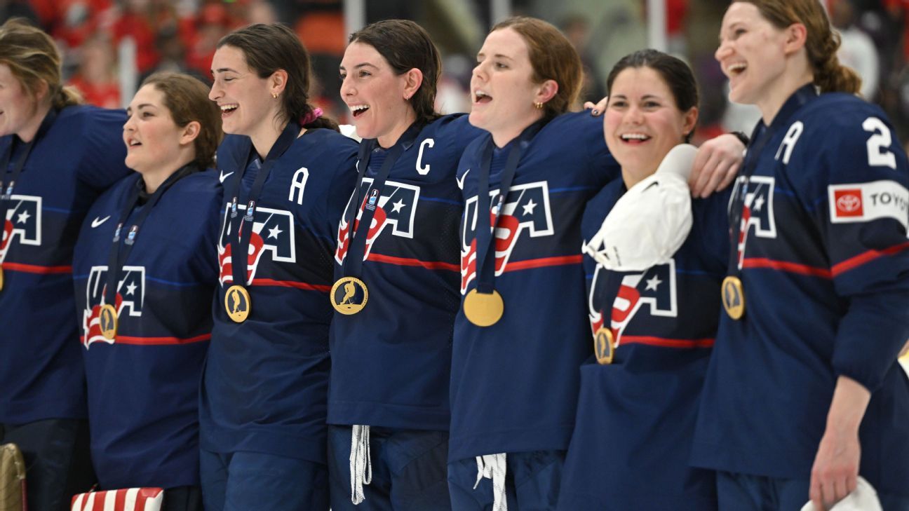 Featured image for Hilary Knight's hat trick secures world hockey gold for USA over Canada.