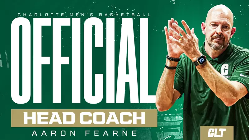 Featured image for "Charlotte 49ers Remove Interim Tag, Name Aaron Fearne Head Coach for Men's Basketball"