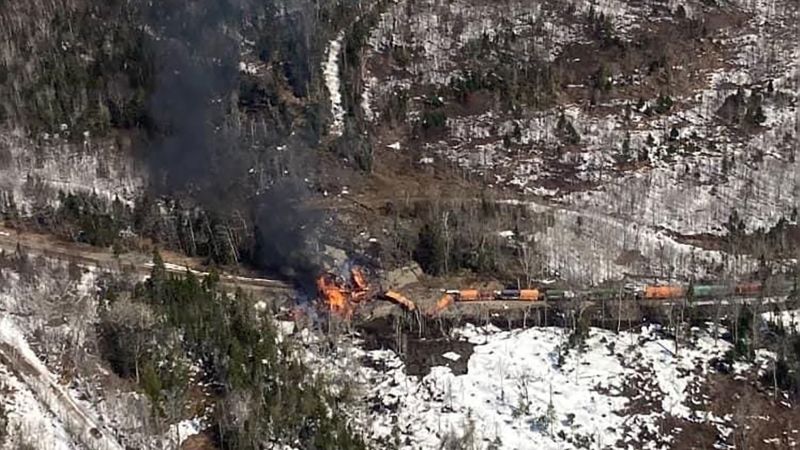 Hazardous materials train derails and catches fire in Rockwood, Maine.